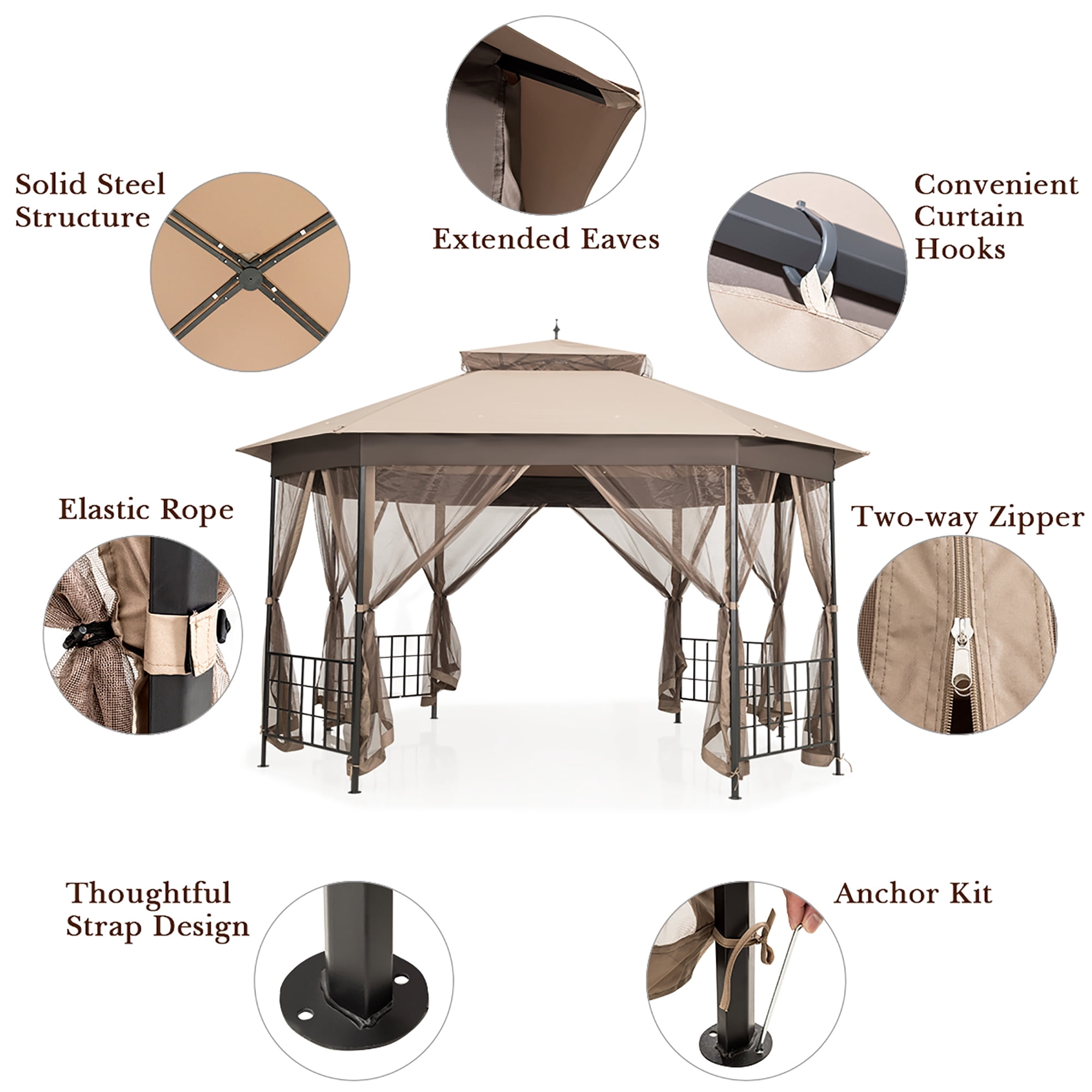 Costway 10' x 12' Octagonal Patio Gazebo Canopy Shelter Double Top W/Netting Sidewalls