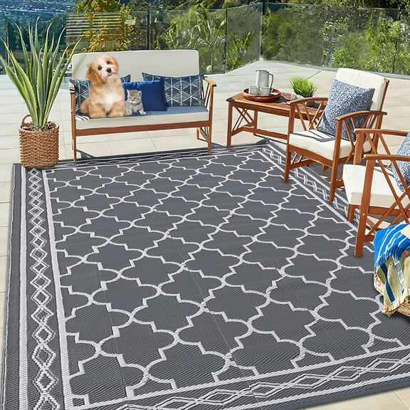 10x14 Outdoor Camping Rug, Waterproof RV Porch Mat with Non-Slip Backing, Reversible Plastic Straw Rug for Deck, Patio, Backyard - Grey White Checkered