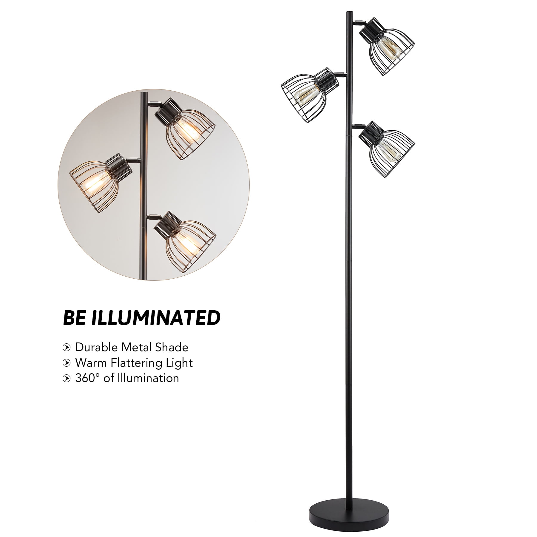 Bestco 5'5" Industrial Floor Lamp w Adjustable Metal Shades, 3 Bulbs Incl., Black