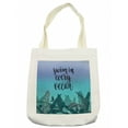 thumbnail image 1 of Saying Tote Bag, Swim in Every Ocean Lettering on Ombre Effect Backdrop and Tropical Leaves Botany, Cloth Linen Reusable Bag for Shopping Books Beach and More, 16.5" X 14", Cream, by Ambesonne, 1 of 2