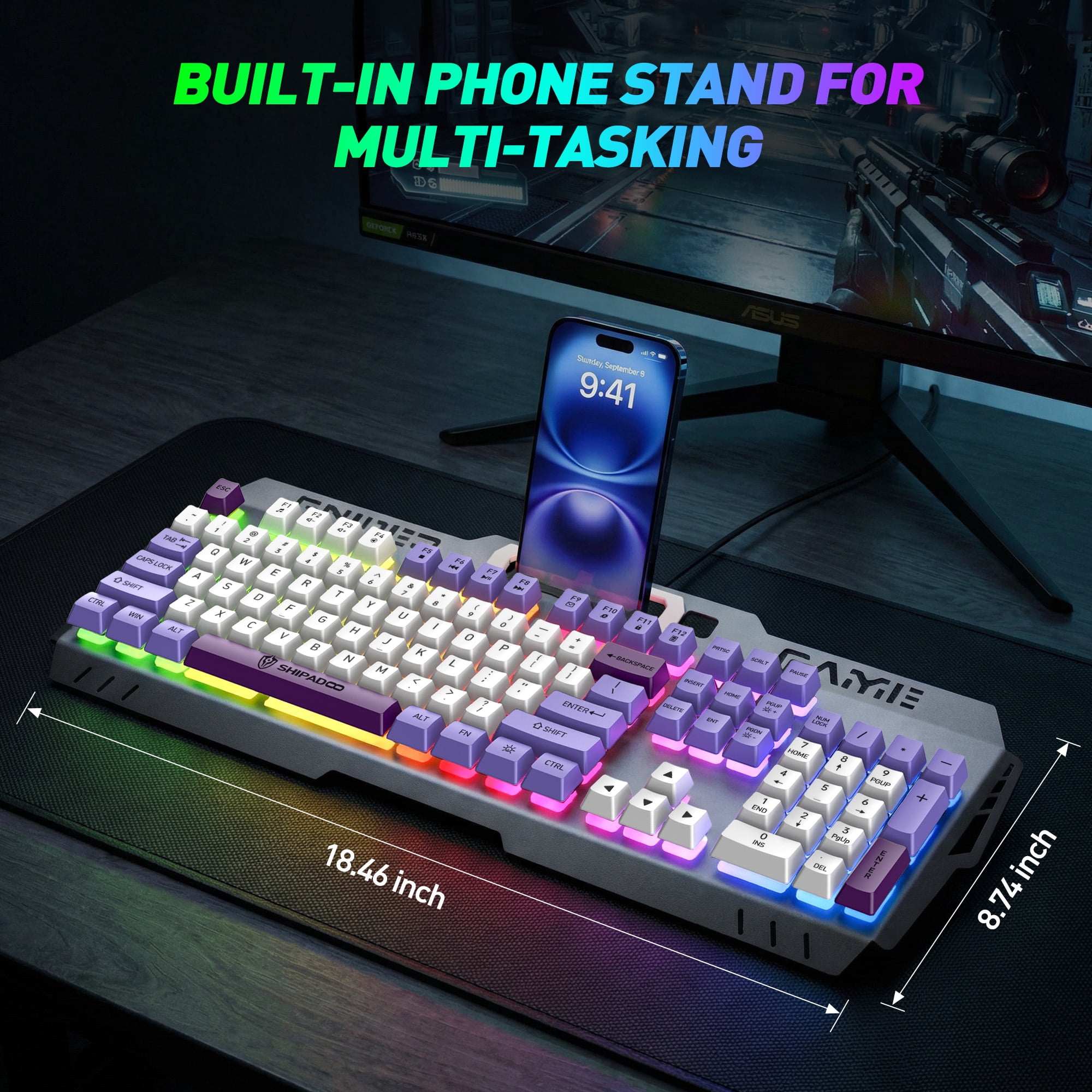 104 Keys RGB Light up Gaming Keyboard, All-Metal Panel & IPX3 Waterproof with Detachable Wrist Rest - USB Wired Computer Keyboard for Windows PC Gamer, Purple & White