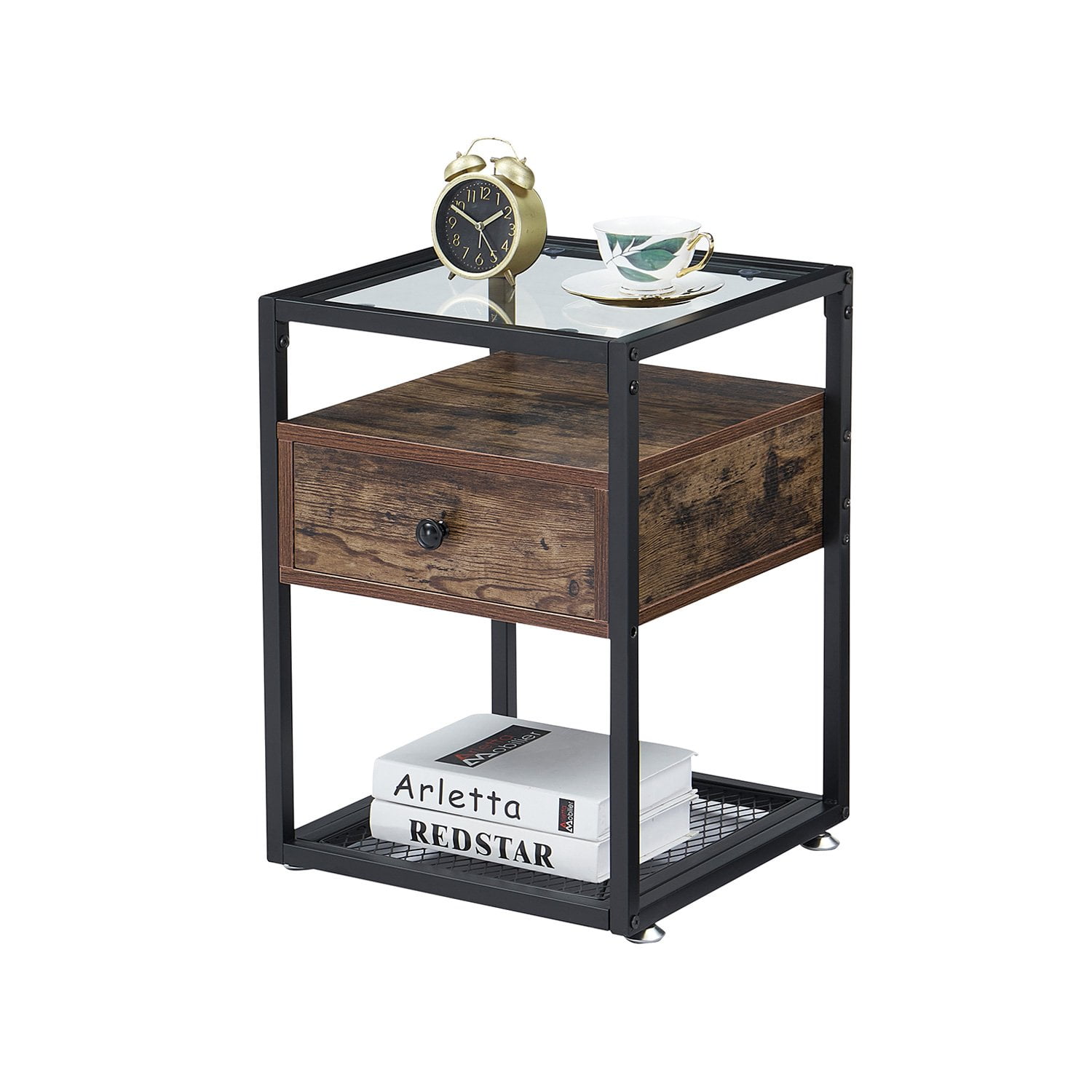 VECELO Tempered Glass End Table with Drawer and Shelf, Brown Walmart