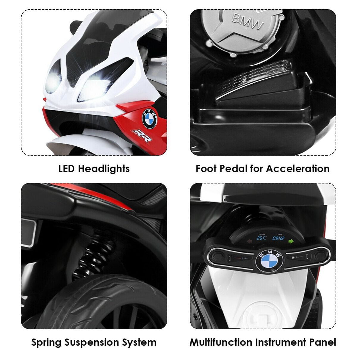 Gymax Kids Ride On Motorcycle BMW Licensed 6V Electric 3 Wheels Bicycle w/ Music&Light Red