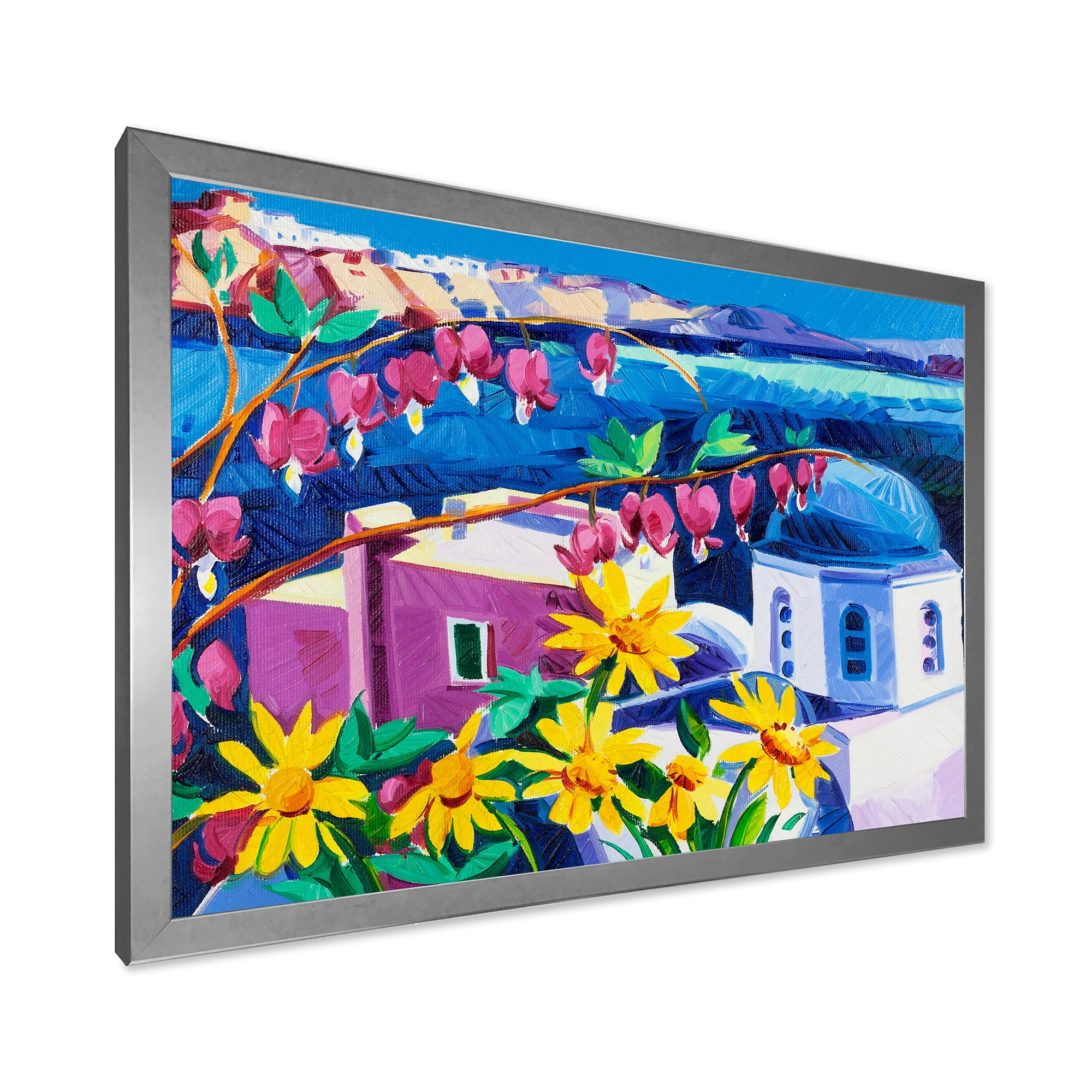 Designart 'Colorful Traditional Santorini Churches Among Flowers' Nautical & Coastal Framed Art Print