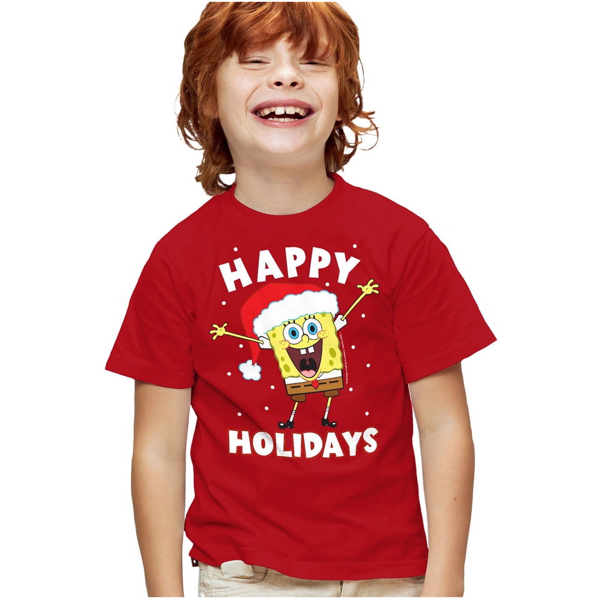 SpongeBob Happy Holidays Christmas Kids T Shirt for Youth Boys and Girls, Red, Small