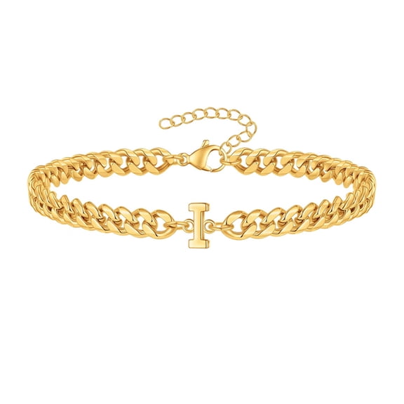 PAURO Cuban Link Initial Bracelet for Men Women Couples Letter A-Z Name Stainless Steel Silver Gold Plated Charm Personalized Simple Cuff Capital Monogram Jewelry Gold Letter I