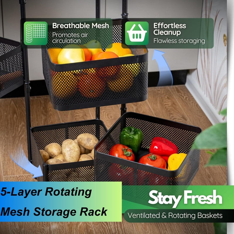 Howcool 5-Layer Metal Rolling Cart with Wheels, Kitchen Vegetable Storage Rack with Rotating Mesh Baskets
