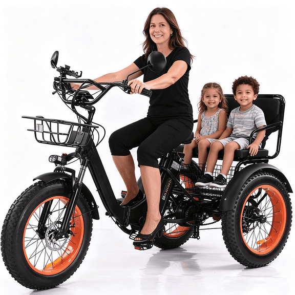 Two Seater Electric Tricycle for Adults, Folding Electric Trike with Passenger Seat, 48V 15.6Ah Peak 750W Motor 1350W Aluminum Alloy Frame with Removable Battery 20x4 Fat Tires, Rear Differential