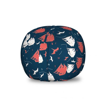 Marine Storage Toy Bag Chair  Nautical Pattern with Grunge Sailboats Flying Birds and Compass  Stuffed Animal Organizer Washable Bag  Small Size  Night Blue Coral White  by Ambesonne