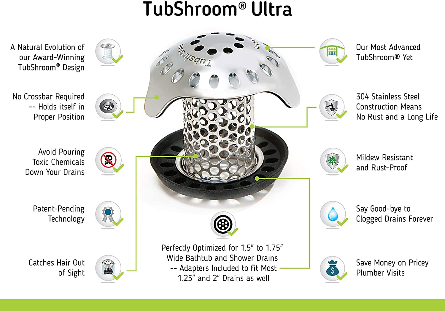 TubShroom Ultra Revolutionary Bath Tub Drain Protector Hair  Catcher/Strainer/Snare, Stainless Steel, Stainless Combo