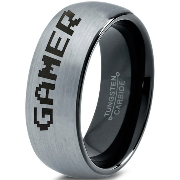 Tungsten Gamer Typography Writing Band Ring 8mm Men Women Comfort Fit Black Dome Brushed Gray Polished