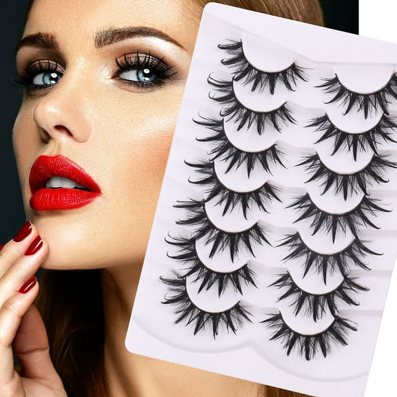 Volume Mink False Eyelashes 7 Pairs - Handmade Cateye Wispy, Short Fluffy Full Small Strip Lashes, Natural Look Black Pack Pestañas Postizas