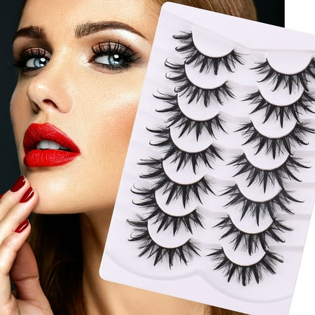 Volume Mink False Eyelashes 7 Pairs - Handmade Cateye Wispy, Short Fluffy Full Small Strip Lashes, Natural Look Black Pack Pestañas Postizas