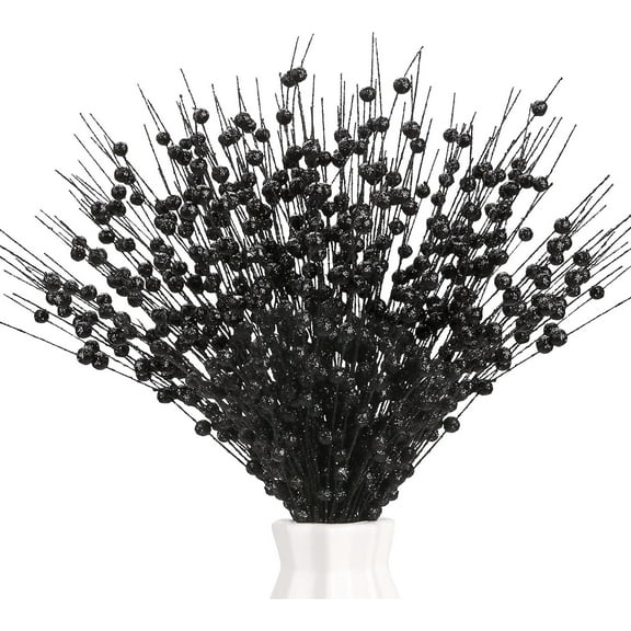 10 PCS Artificial Glitter Berry, Black Christmas Glitter Picks Artificial Berries Stems Ornaments Fake Xmas Stem Decorative Sticks for Vases Tall DIY Wreath Home Decor (19.7in)