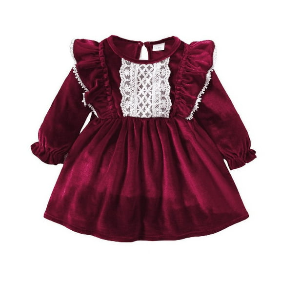 Mikrdoo 3 Years Kid Toddler Girls Dress Satin 4 Years Girls Lace Ruffle Long Sleeve Dress One Piece Winter Dress Red