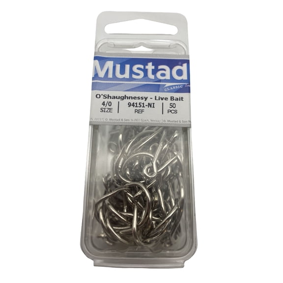 Mustad O'Shaughnessy 50-Piece Nickel Live Bait Hook, Size 4/0