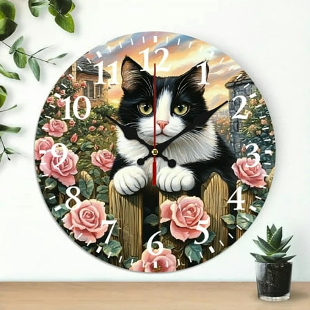 10 inch Round Wooden Wall Clock for Home Decor, Cute cat Print, Battery Operated (AA Not Included) Silent Mechanical Movement - Perfect for Living Room, Dorm, Bedroom, Kitchen, Home Office & More, Wal