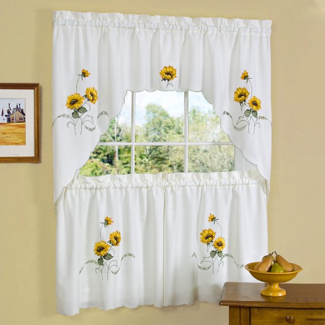 Embellished Tier And Swag Window Curtain Set - 58 Inch Width 24 Inch Length - Sunshine- Light Filtering Polyester Drapes For Kitchen Bedroom Living & Dining Room By Achim Home Decor