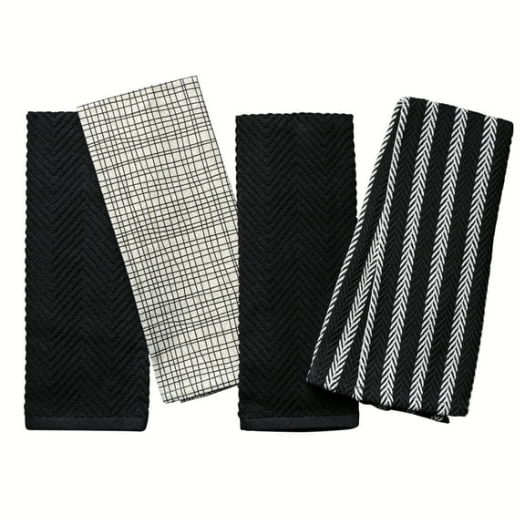 Thyme & Table Kitchen Towels, Black and Gold Crosshatch, 4 Pack Set