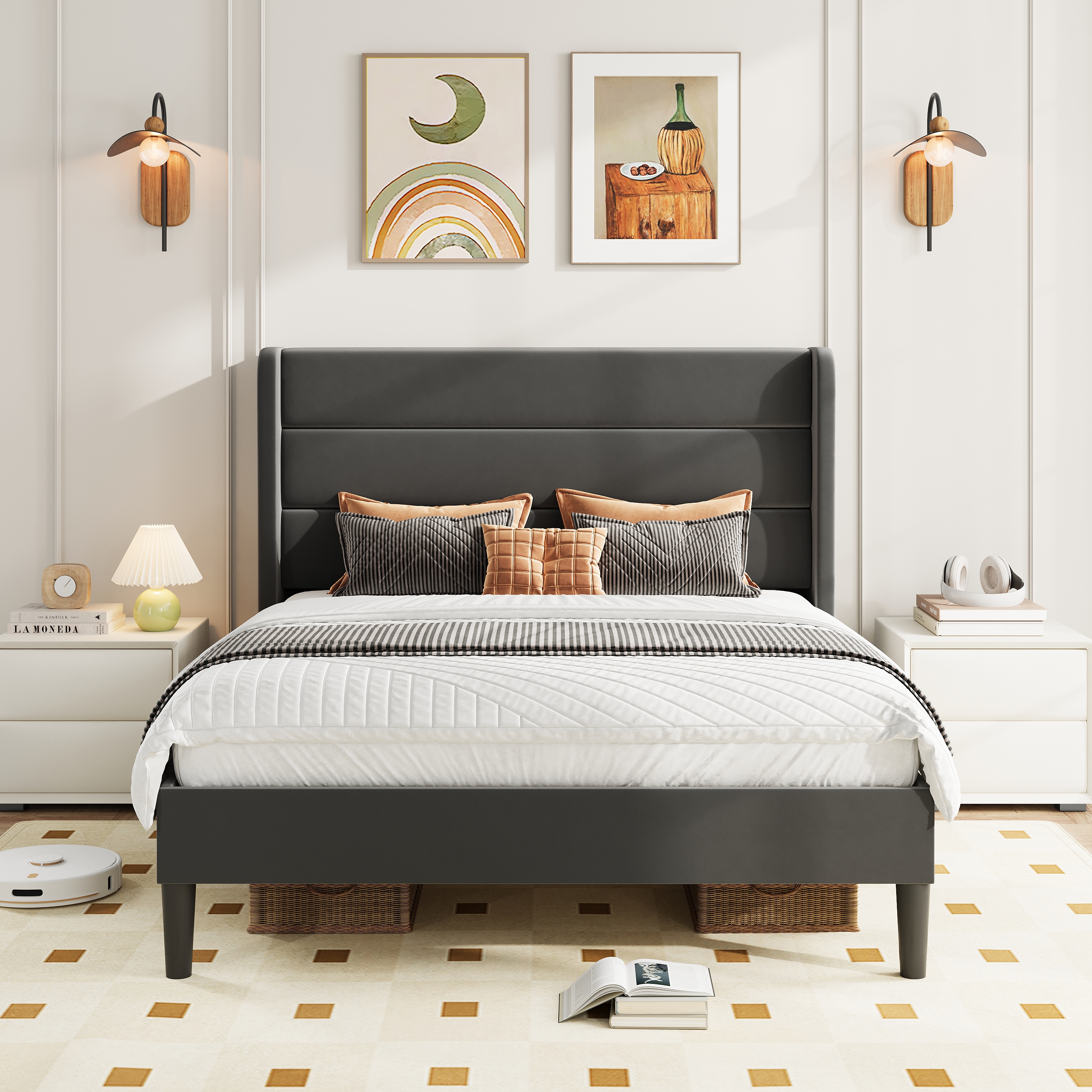 Amolife Full Size Platform Bed Frame with Velvet Upholstered Wingback Headboard, No Box Spring Needed, Light Gray