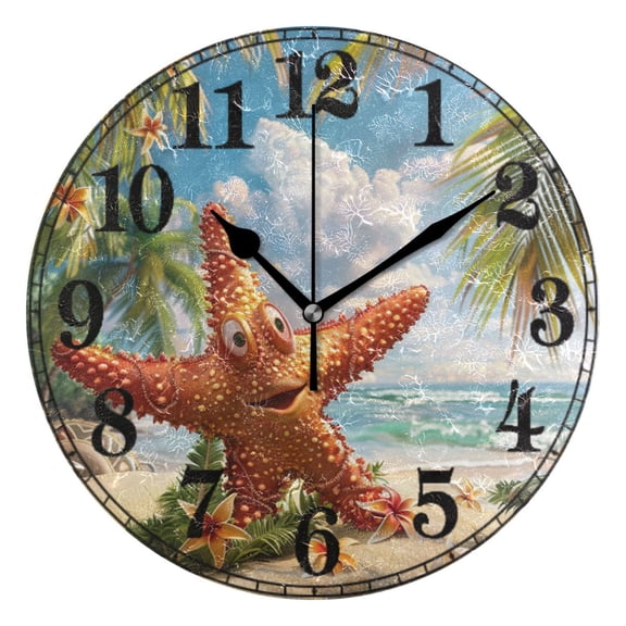 Cute Star Fish Tropical Palm Silent Wall Clock 10" Non-Ticking Battery Clock