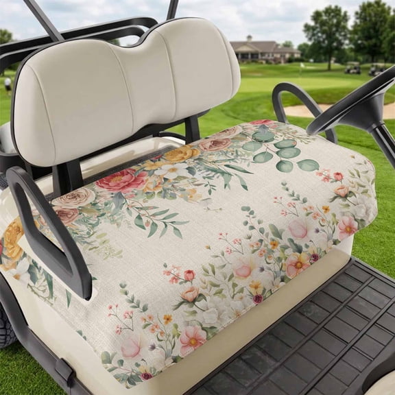 Golf Cart Seat Covers for 2 Seater,Watercolor Floral Microfiber Cart Seat Towel Blanket,Spring Roses Eucalyptus Leaf Plants Beige Absorbent NonSlip Bench Seats Protector for Golf Course 51"x31"