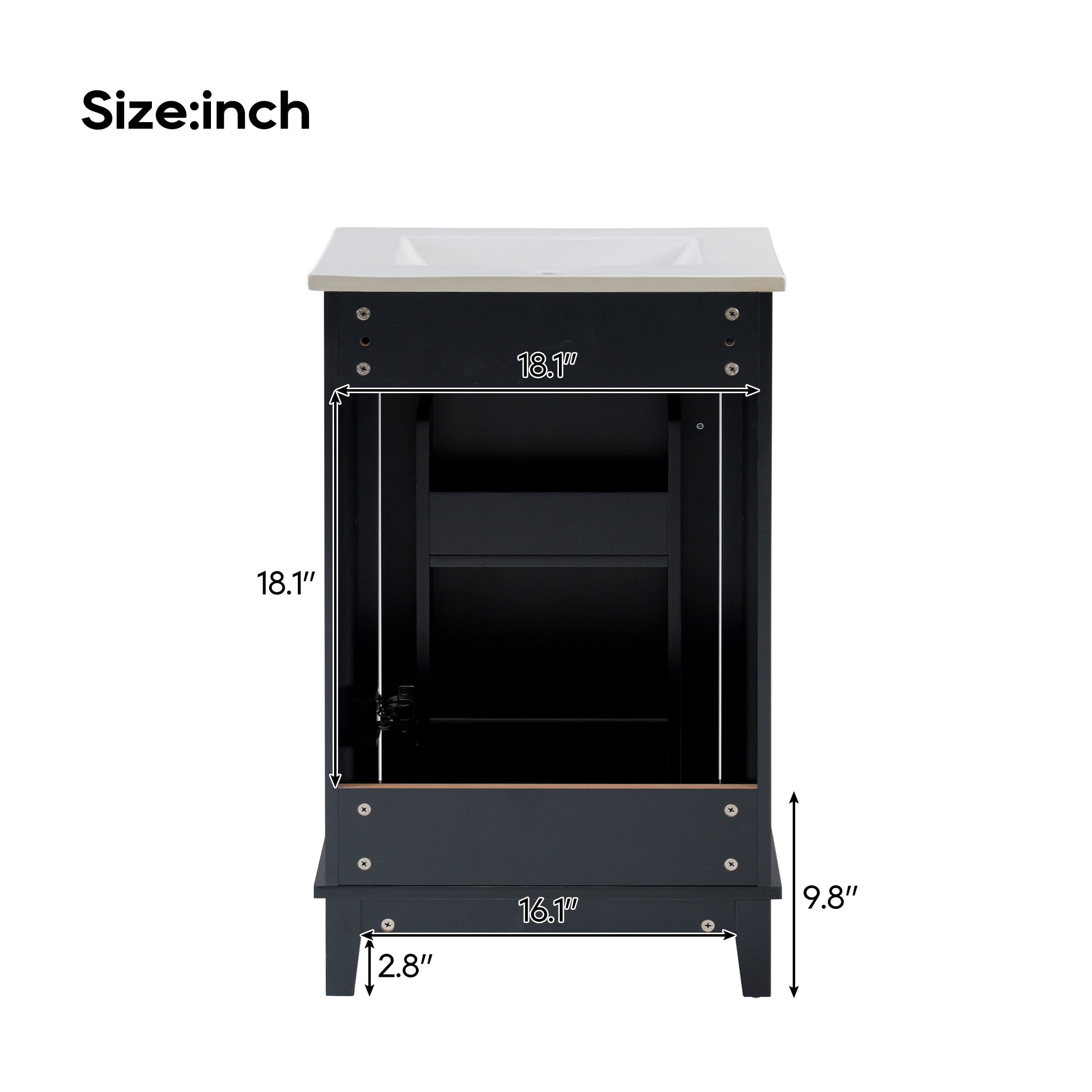 Jivora Modern Bathroom Vanity with Ceramic Sink, Storage, Shelves, Wood, Black