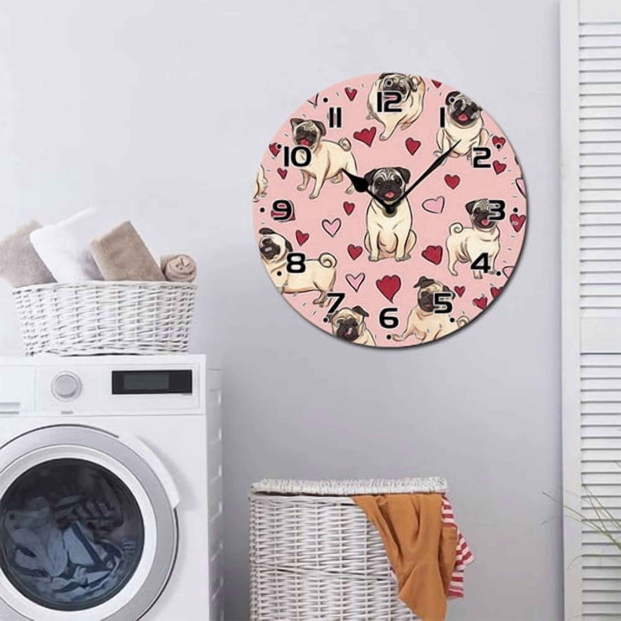 ZXCXRQFa Silent Clocks Cute Pug Themed Clock Home Decor Round Wood 10 Inch Wall Clocks Non Ticking Silent Clock Art for Living Room Kitchen Bedroom Decorative