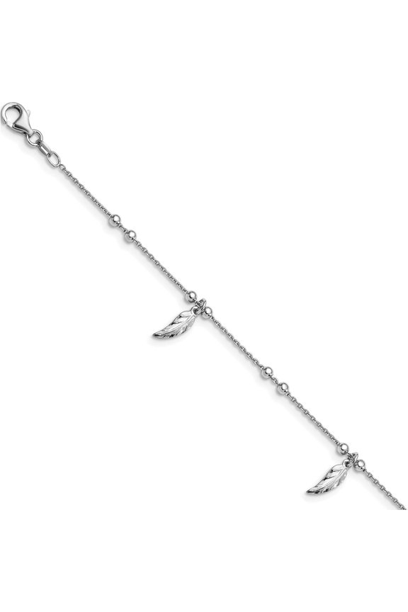 Sterling Silver Polished Feather Anklet w/1in ext