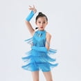 thumbnail image 4 of Doomiva Kids Girls Sequins Tassel Latin Ballroom Dance Dress Fringe Figure Skating Dress with Gloves Dancewear Sky Blue 13-14, 4 of 7