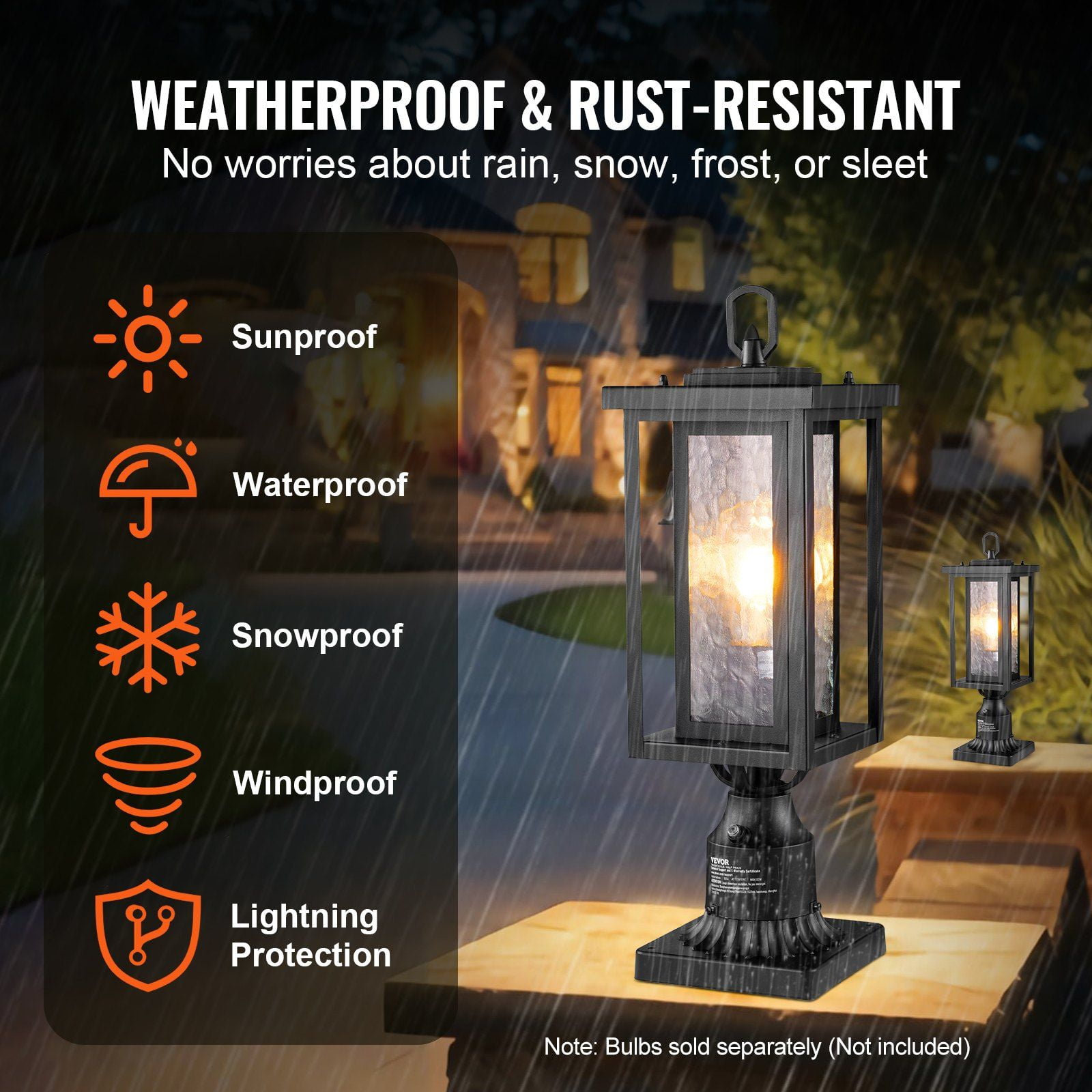 17.72in Pier Mount Outdoor Lamp Post Light with Dusk to Dawn Sensor, Black Weather-Resistant Fixture