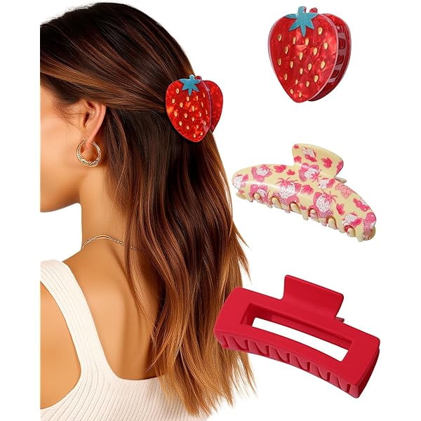 wonima11 3 Pack Fruit Hair Claw Clips for Women, Non-slip Acrylic Cherry Strawberry Lemon Hairclips Cute Hair Claws for Styling for Spring Summer Party (Strawberry)