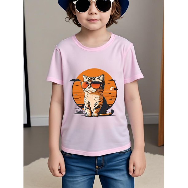 Camiseta informal de verano para niño - Algodón transpirable, unisex, estampado gráfico con diseño de gato y gafas, manga corta, cuello redondo, cómoda para todo el año, ropa informal | Camiseta con