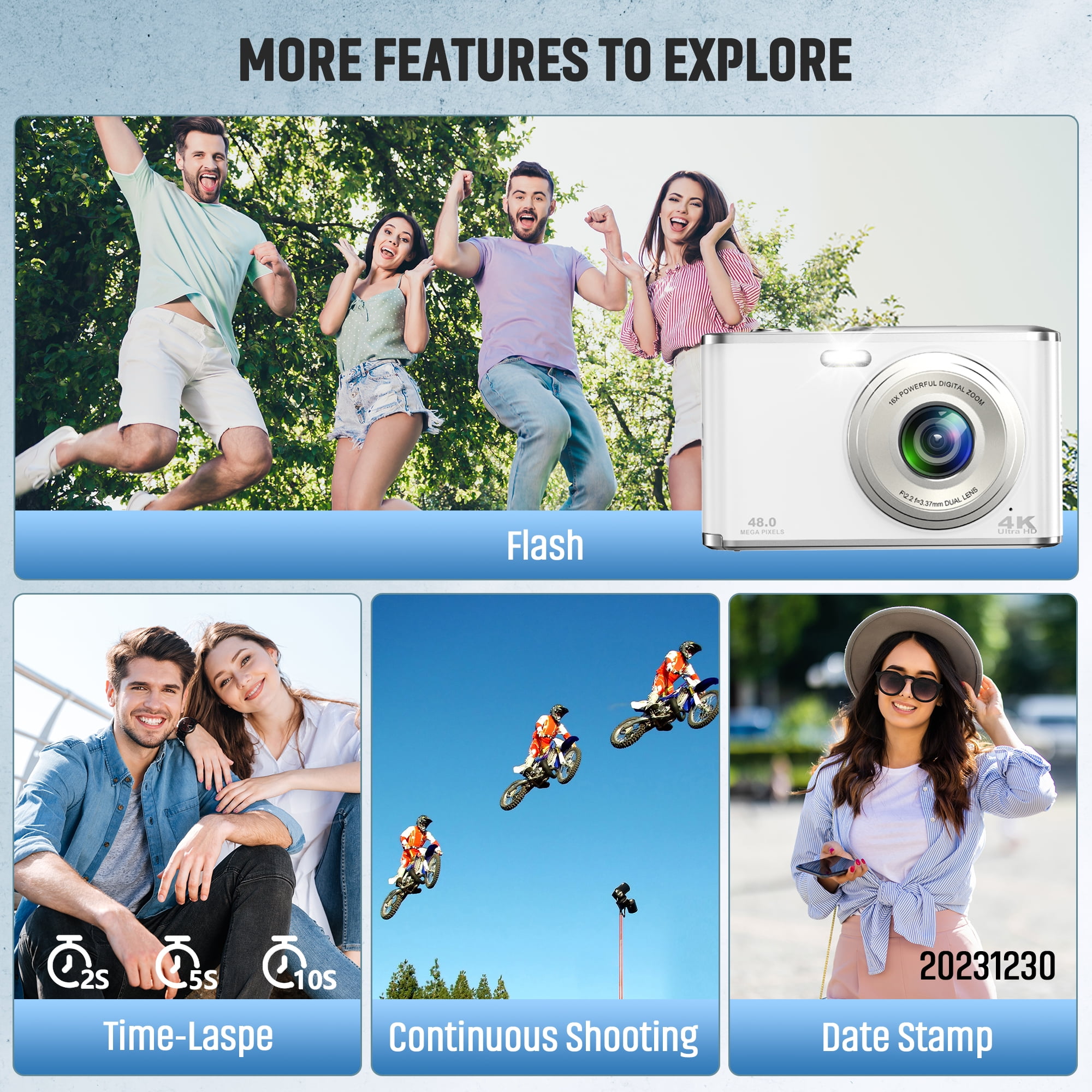 4K 48MP Vlogging Camera with 2.8" Screen, Autofocus & 16X Zoom, Front/Rear Cameras, 32GB TF Card Included, Portable for Travel (White)