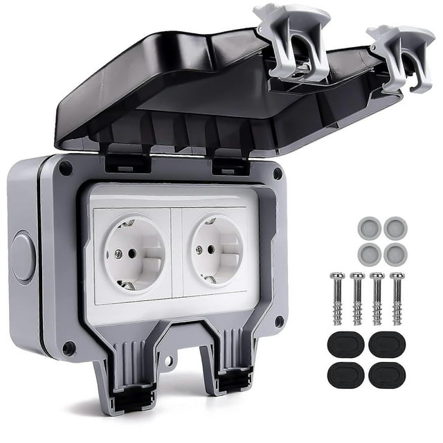 IP66 Waterproof Socket, Weatherproof Outdoor Sockets, Outdoor Wall Socket, Waterproof Junction Box, Waterproof Double Outlet, for Kitchen, Bathroom, G