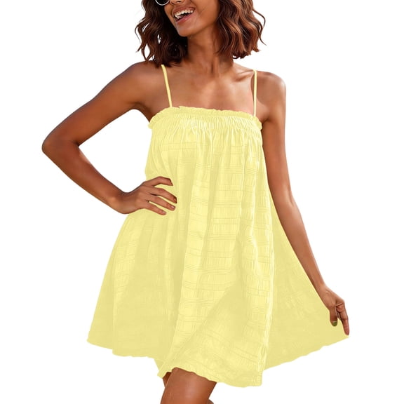 Kukoosong Women's Spaghetti Strap Square Neck Mini Dress, Casual Loose A Line Swing Babydoll Dress, Sleeveless Adjustable Camisole Dress for Summer Beach Cover Up