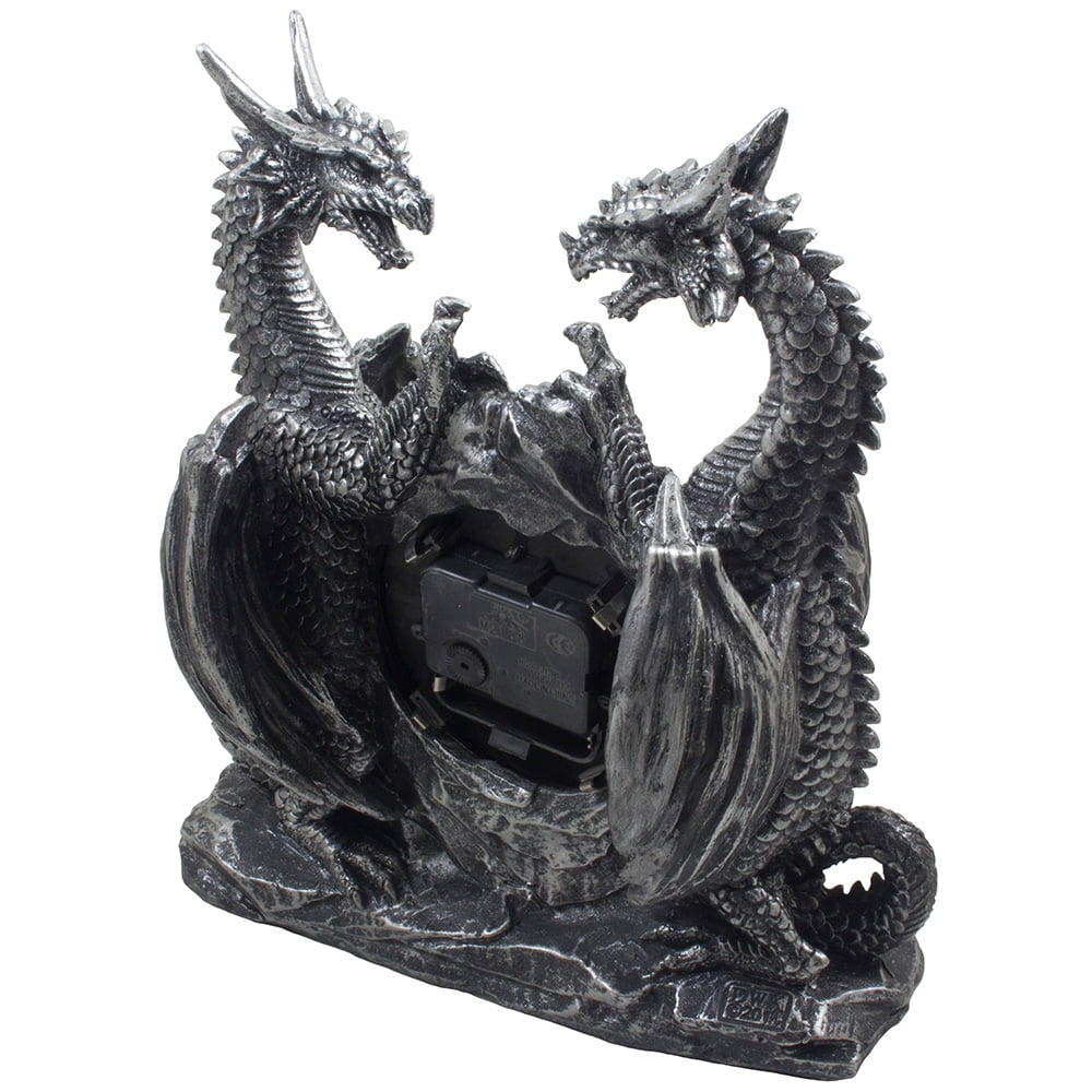 Mythical Dragon Duo Desk Clock in Metallic Look and Antique Face with Roman N...
