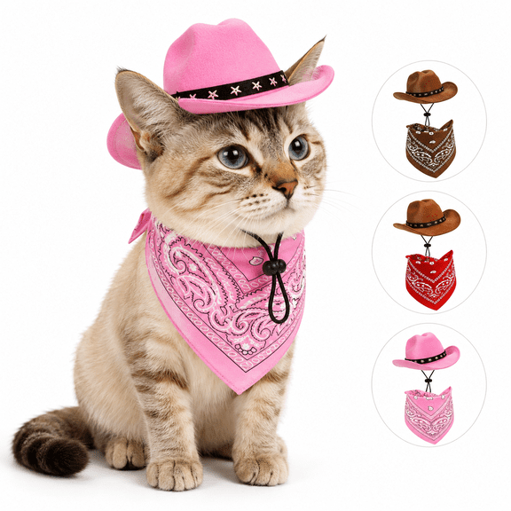 Pet Cowboy Costume for Cats and Small Dogs, Cat Cowboy Hat with Bandana, Western Halloween Costume Accessories for Dog, Christmas, Holiday Party, Cosplay and Photos