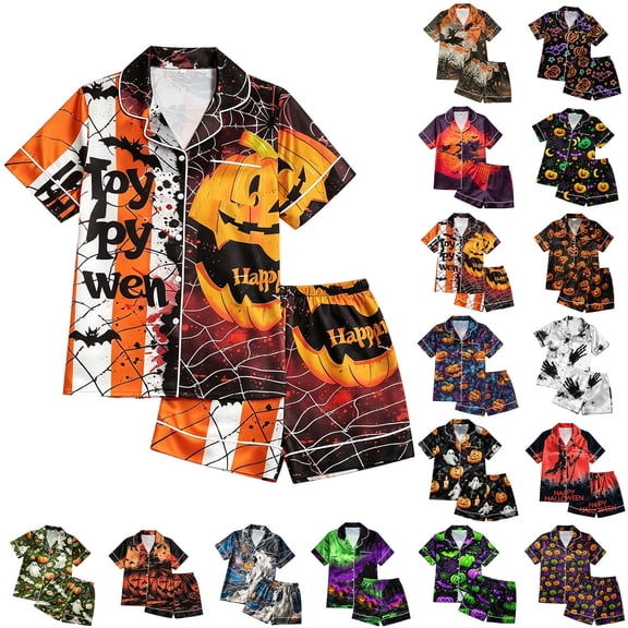 IMENGL Womens Halloween Pajama Sets Comfy Print Buttoned Waist Short Sleeve Top and Shorts Soft Loungewear Pajamas Set for Women,S-XXXXL