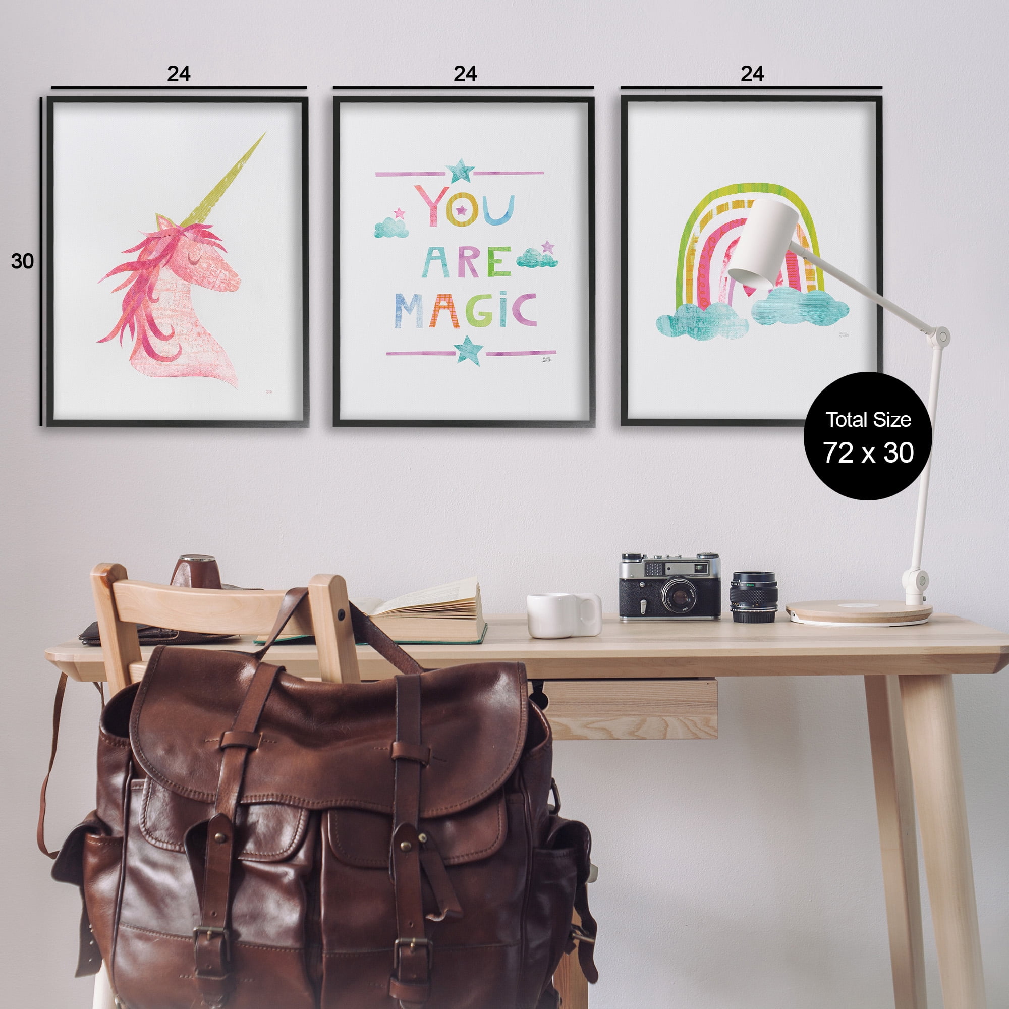 Stupell Industries You Are Magic Rainbow & Unicorn Art for Kids Painting Black Framed Art Print Wall Art, 24 x 30, Set of 3