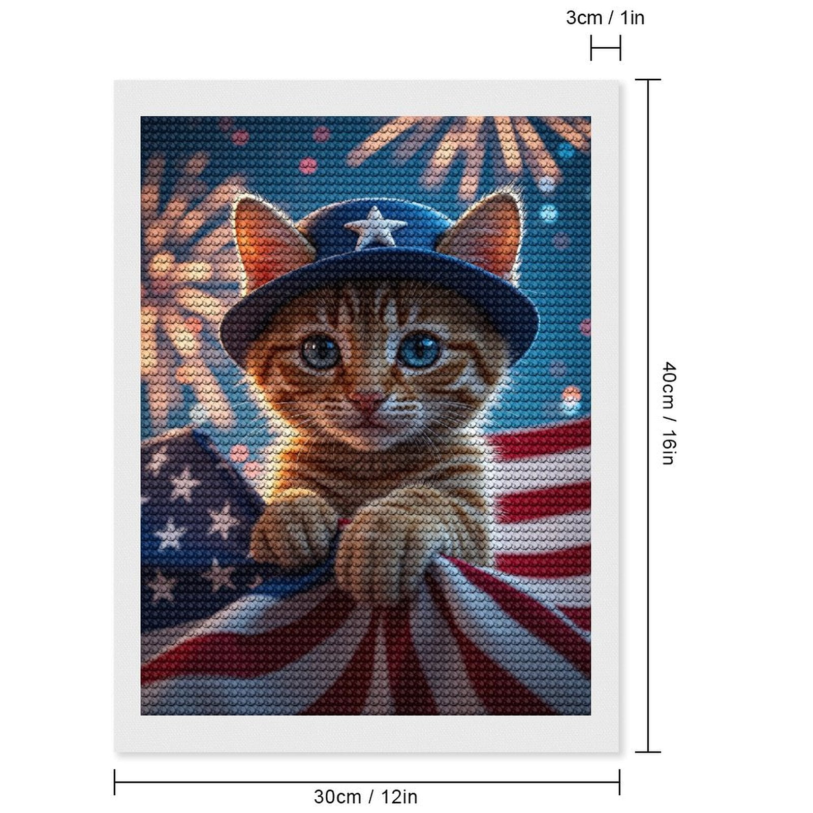 Diamond Art Kits for Adults, Kitten Patriotic Celebration Hat Stars 5D Diamond Painting Kits for Adults Beginners, DIY Full Drill Diamond Painting, Gem Art and Crafts 12x16