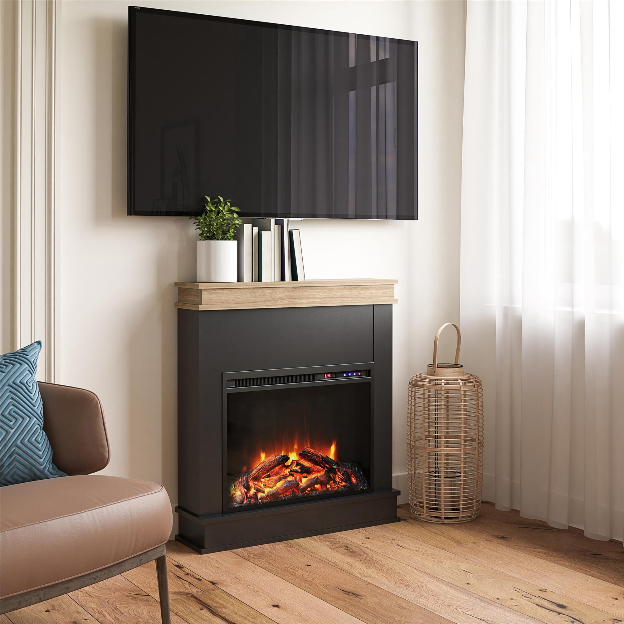 Ameriwood Home Mabrick Electric Fireplace with Mantel and Touchscreen Display, Black with Natural Mantel