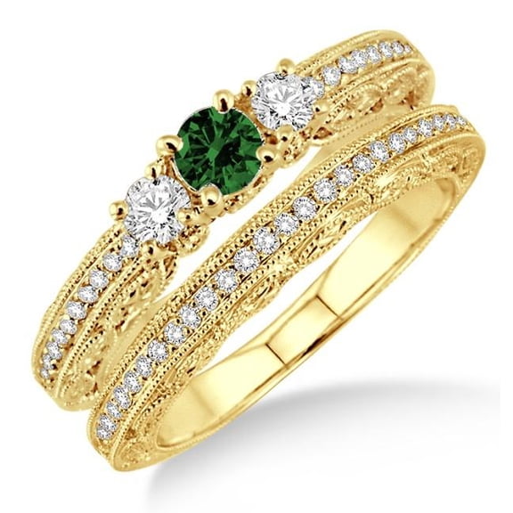 6mm Round Cut 2.5 Carat Moissanite Diamond Engagement Ring Antique Milgrain Bridal Set on 10k Yellow Gold