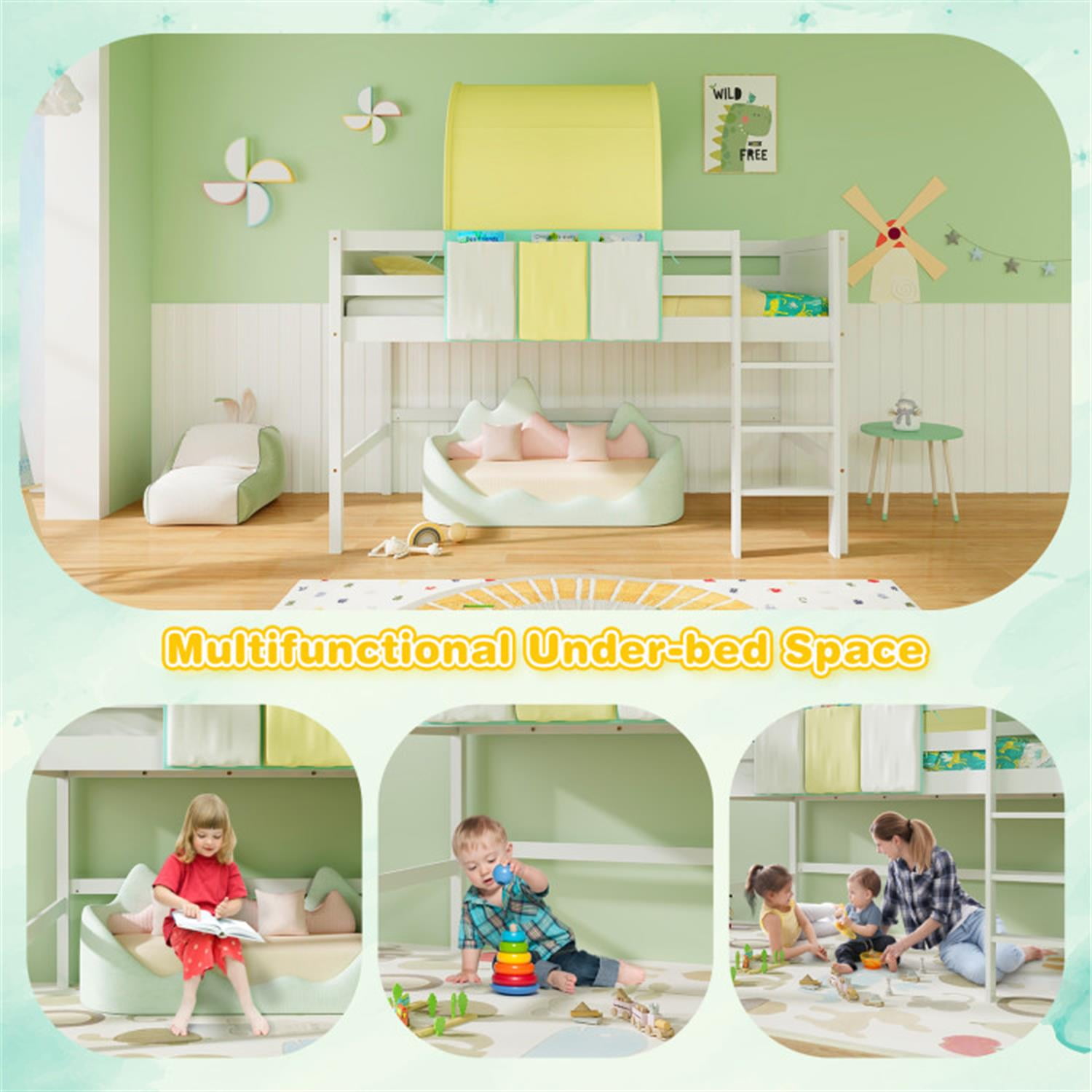 Demi Bonn Loft Bed Twin Size, Solid Wood Low Loft Bed with Tower Tent and 3 Storage Pockets, Modern Wooden Bed Frame, Green