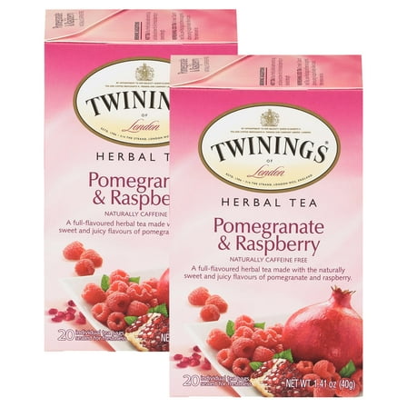 Twinings Pomegranate & Raspberry Tea - Naturally Caffeine-Free Herbal Tea Bags Individually Wrapped, 20 Count (Pack of 2)
