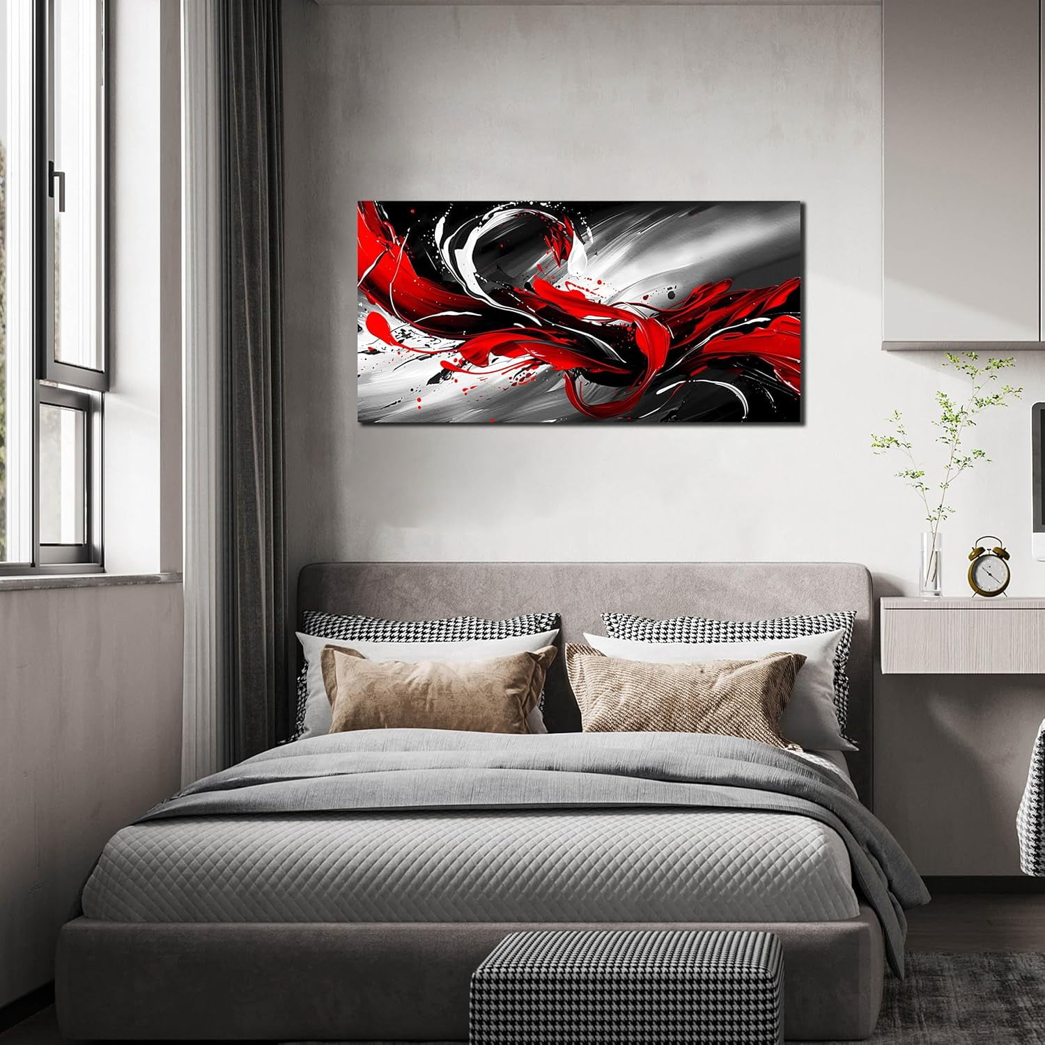 WFSposterBlack White and Red Abstract Print Picture Painting Large Canvas Wall Art for Living Room Bedroom Framed Canvas Wall Decor Modern Room Abstract Wall Decorations Artwork SizeReady to Hang