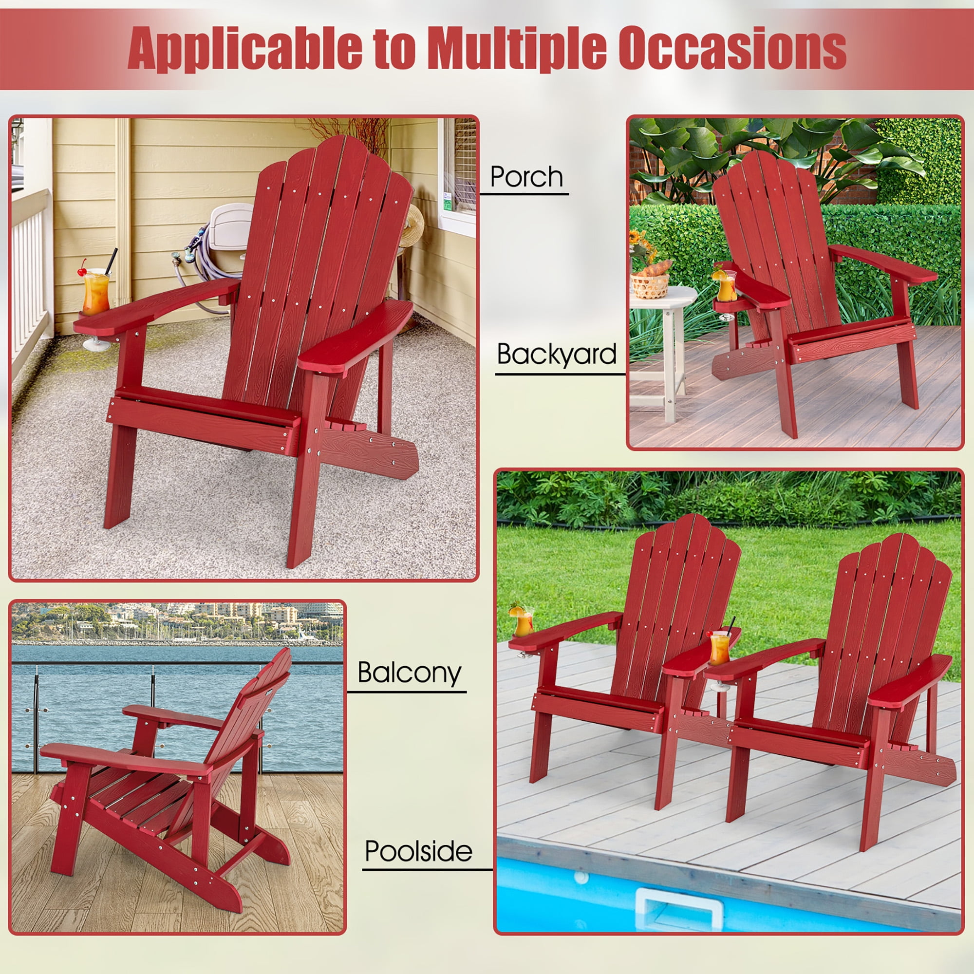 Costway Patio HIPS Adirondack Chair with Cup Holder Weather Resistant Outdoor 380 LBS Navy