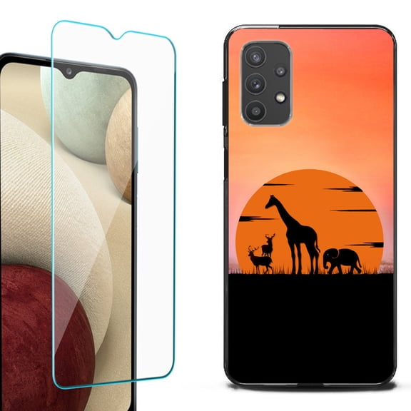 Slim-Fit Flexible TPU Gel Phone Case (black) for Samsung Galaxy A32 5G, with Tempered Glass Screen Protector, by OneToughShield ® - Sunset Safari