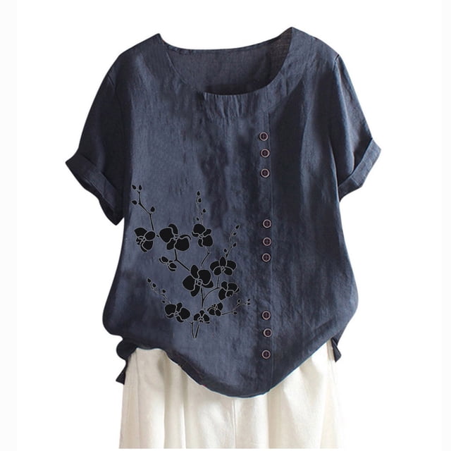 Blouses pour Femmes, T-Shirt à Boutons Imprimé Décontracté Mode d'Été pour Femmes à Col Rond et Manches Courtes