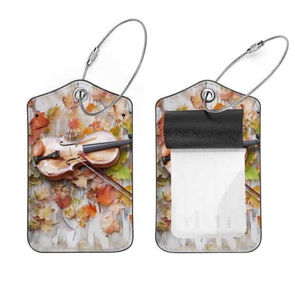PhooArto 2 Pcs Violin Music Leaves Luggage Tag for Suitcases, Leather Baggage Tags Identifiers for Travel, Stainless Steel Loop Name ID Label for Women Bag Backpack